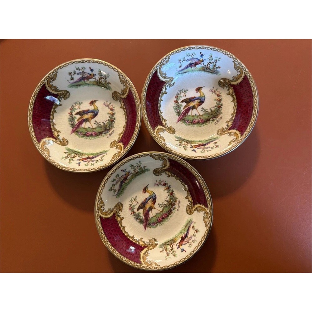 Myott Staffordshire Chelsea Bird Red Fruit Dessert Sauce Bowl Set of 3 - 5" Rare